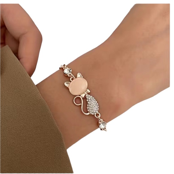 14K Gold Plated Rose Gold Cat Bracelet - Picture 1 of 5